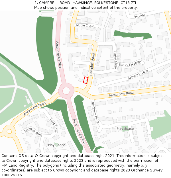 1, CAMPBELL ROAD, HAWKINGE, FOLKESTONE, CT18 7TL: Location map and indicative extent of plot