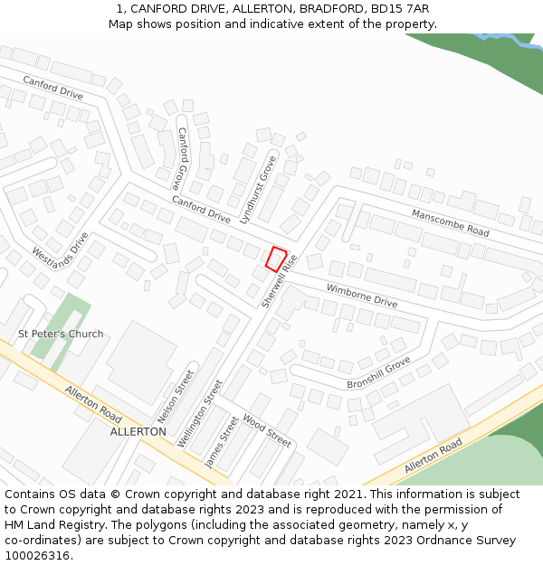 1, CANFORD DRIVE, ALLERTON, BRADFORD, BD15 7AR: Location map and indicative extent of plot