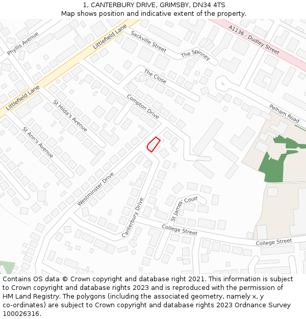 1, CANTERBURY DRIVE, GRIMSBY, DN34 4TS: Location map and indicative extent of plot