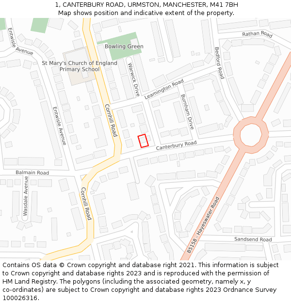 1, CANTERBURY ROAD, URMSTON, MANCHESTER, M41 7BH: Location map and indicative extent of plot