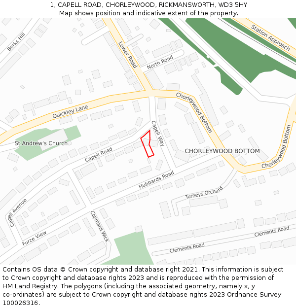 1, CAPELL ROAD, CHORLEYWOOD, RICKMANSWORTH, WD3 5HY: Location map and indicative extent of plot