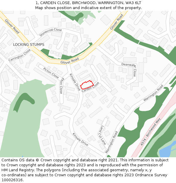 1, CARDEN CLOSE, BIRCHWOOD, WARRINGTON, WA3 6LT: Location map and indicative extent of plot