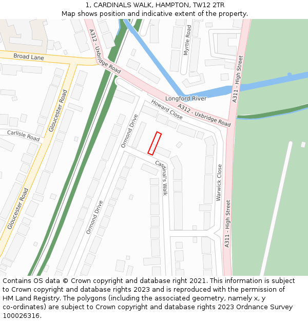 1, CARDINALS WALK, HAMPTON, TW12 2TR: Location map and indicative extent of plot