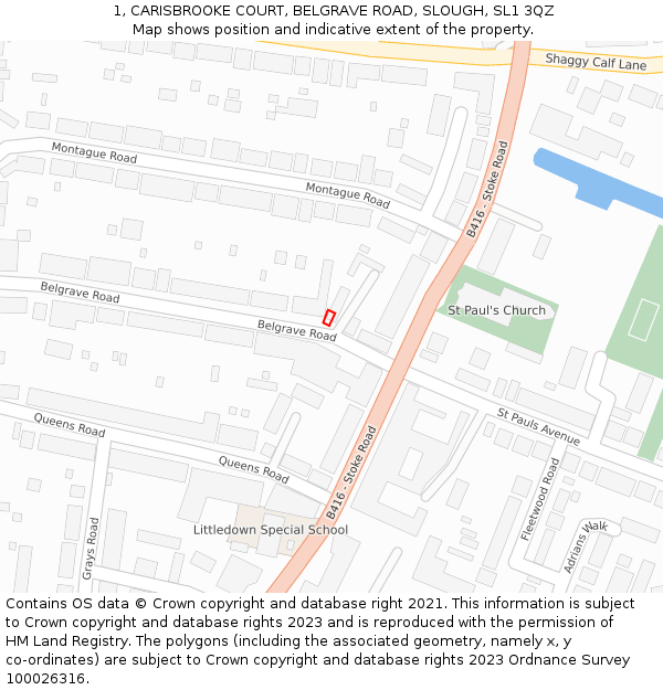 1, CARISBROOKE COURT, BELGRAVE ROAD, SLOUGH, SL1 3QZ: Location map and indicative extent of plot