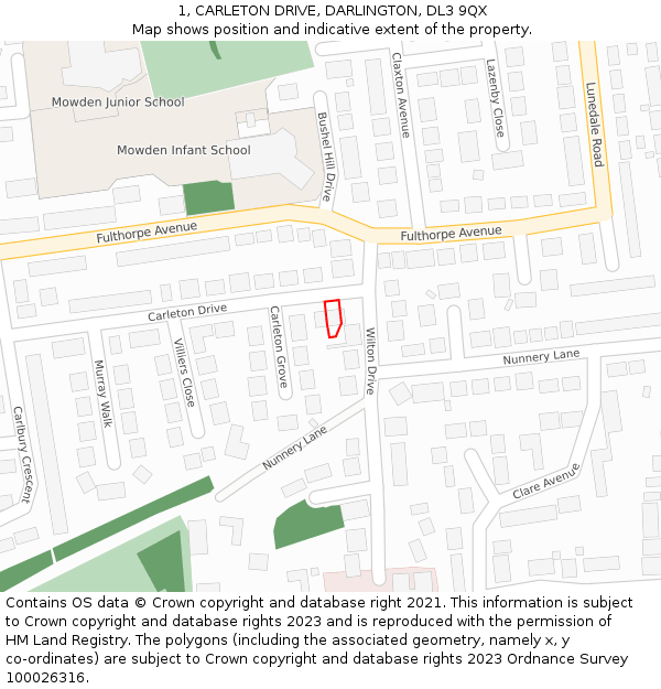 1, CARLETON DRIVE, DARLINGTON, DL3 9QX: Location map and indicative extent of plot