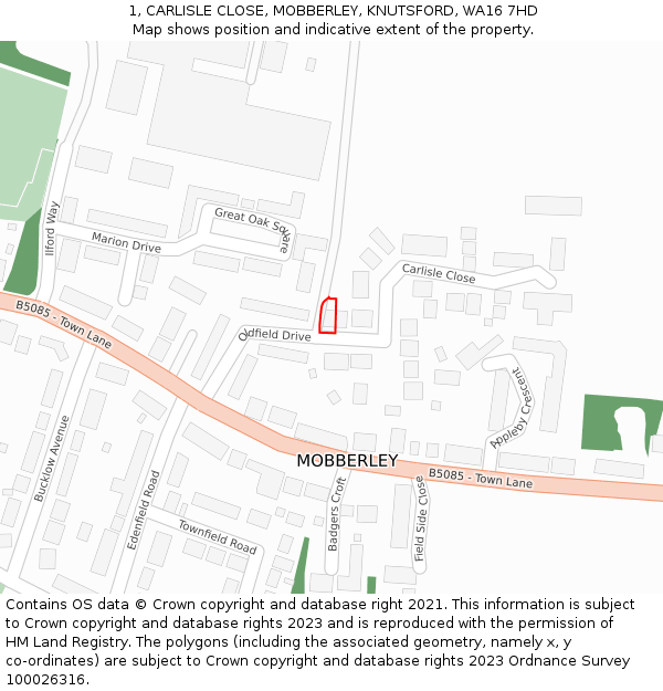 1, CARLISLE CLOSE, MOBBERLEY, KNUTSFORD, WA16 7HD: Location map and indicative extent of plot