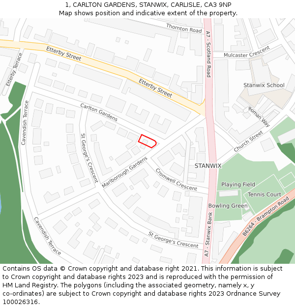 1, CARLTON GARDENS, STANWIX, CARLISLE, CA3 9NP: Location map and indicative extent of plot
