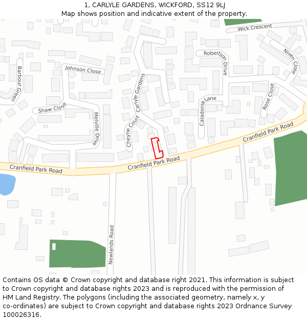 1, CARLYLE GARDENS, WICKFORD, SS12 9LJ: Location map and indicative extent of plot
