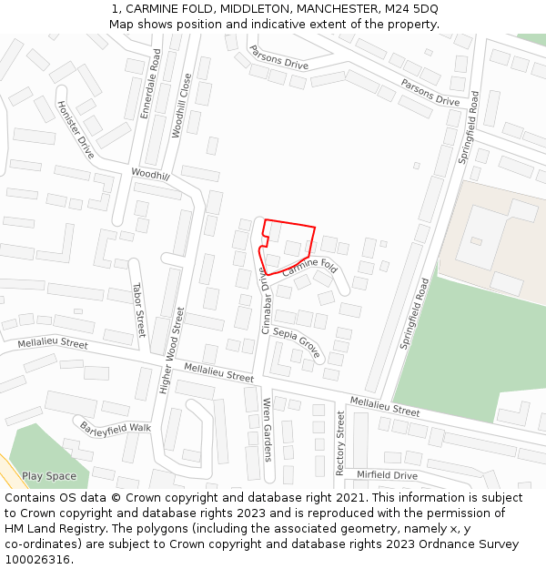 1, CARMINE FOLD, MIDDLETON, MANCHESTER, M24 5DQ: Location map and indicative extent of plot