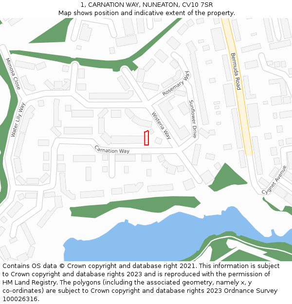 1, CARNATION WAY, NUNEATON, CV10 7SR: Location map and indicative extent of plot