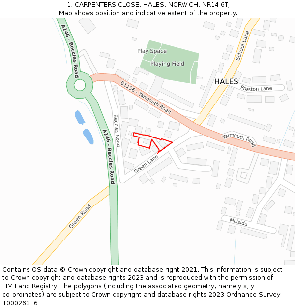 1, CARPENTERS CLOSE, HALES, NORWICH, NR14 6TJ: Location map and indicative extent of plot