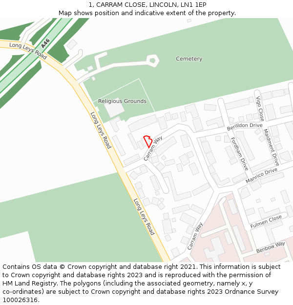 1, CARRAM CLOSE, LINCOLN, LN1 1EP: Location map and indicative extent of plot