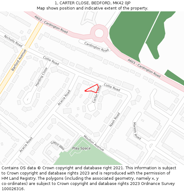 1, CARTER CLOSE, BEDFORD, MK42 0JP: Location map and indicative extent of plot