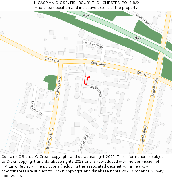 1, CASPIAN CLOSE, FISHBOURNE, CHICHESTER, PO18 8AY: Location map and indicative extent of plot