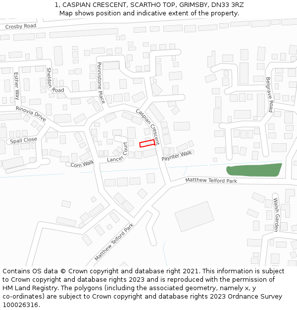 1, CASPIAN CRESCENT, SCARTHO TOP, GRIMSBY, DN33 3RZ: Location map and indicative extent of plot