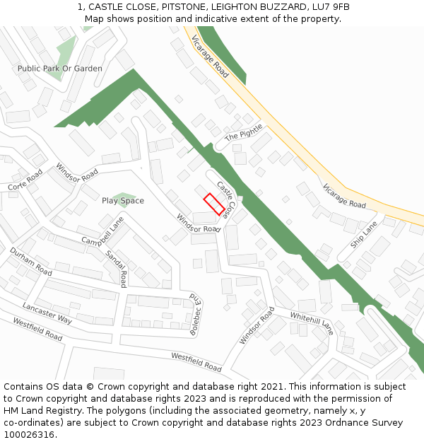 1, CASTLE CLOSE, PITSTONE, LEIGHTON BUZZARD, LU7 9FB: Location map and indicative extent of plot