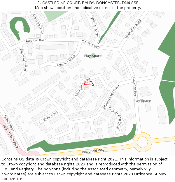 1, CASTLEDINE COURT, BALBY, DONCASTER, DN4 8SE: Location map and indicative extent of plot