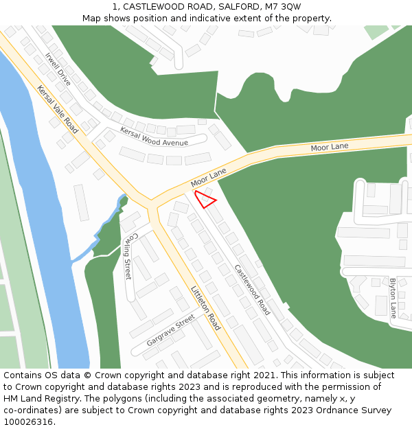 1, CASTLEWOOD ROAD, SALFORD, M7 3QW: Location map and indicative extent of plot