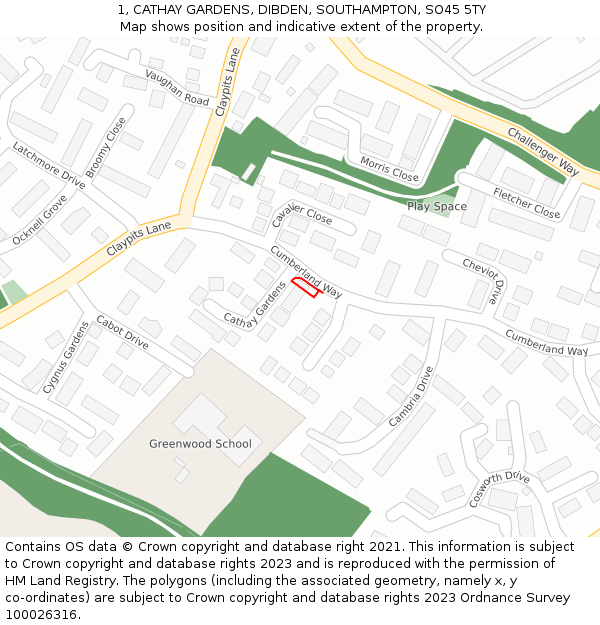 1, CATHAY GARDENS, DIBDEN, SOUTHAMPTON, SO45 5TY: Location map and indicative extent of plot