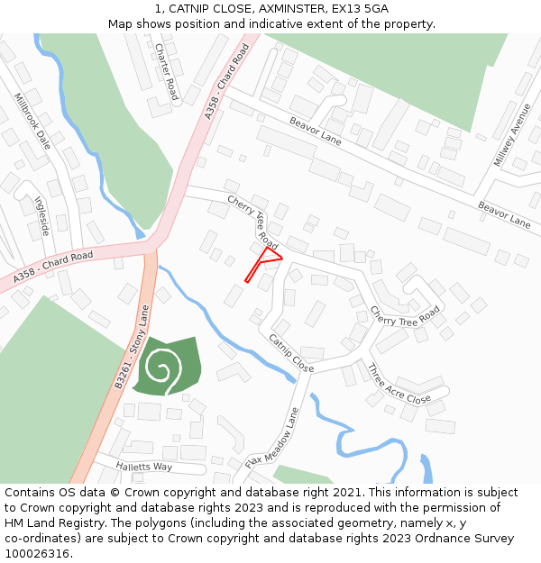 1, CATNIP CLOSE, AXMINSTER, EX13 5GA: Location map and indicative extent of plot