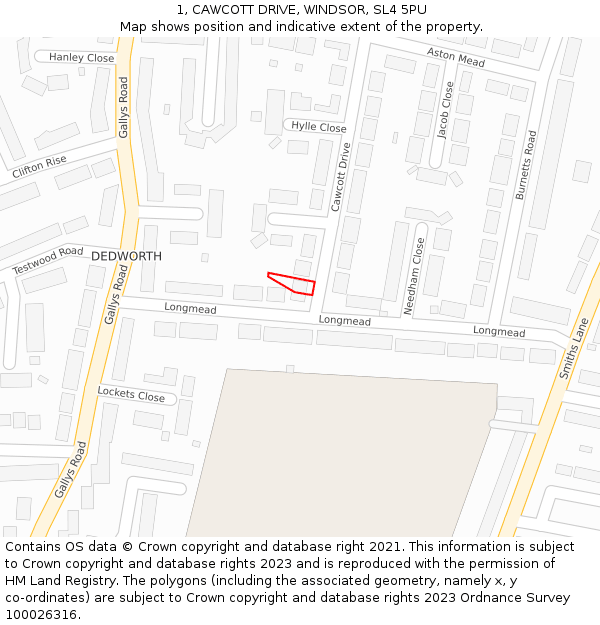 1, CAWCOTT DRIVE, WINDSOR, SL4 5PU: Location map and indicative extent of plot