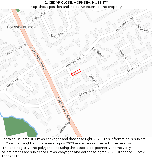 1, CEDAR CLOSE, HORNSEA, HU18 1TY: Location map and indicative extent of plot