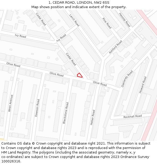 1, CEDAR ROAD, LONDON, NW2 6SS: Location map and indicative extent of plot