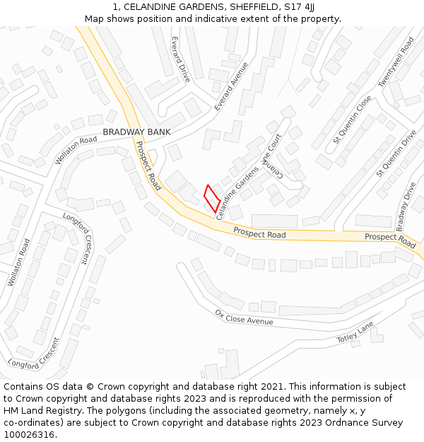 1, CELANDINE GARDENS, SHEFFIELD, S17 4JJ: Location map and indicative extent of plot