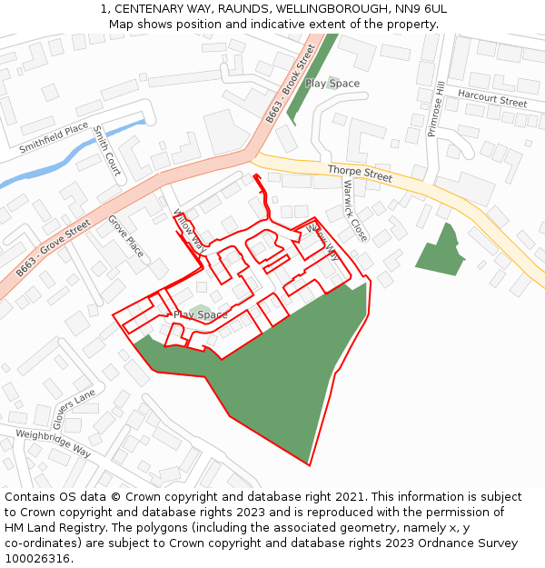 1, CENTENARY WAY, RAUNDS, WELLINGBOROUGH, NN9 6UL: Location map and indicative extent of plot