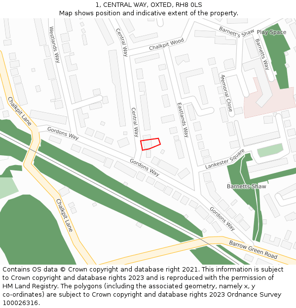 1, CENTRAL WAY, OXTED, RH8 0LS: Location map and indicative extent of plot