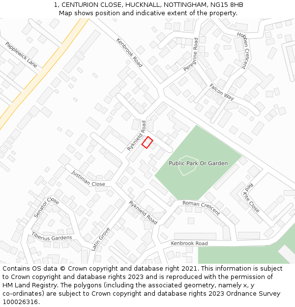 1, CENTURION CLOSE, HUCKNALL, NOTTINGHAM, NG15 8HB: Location map and indicative extent of plot
