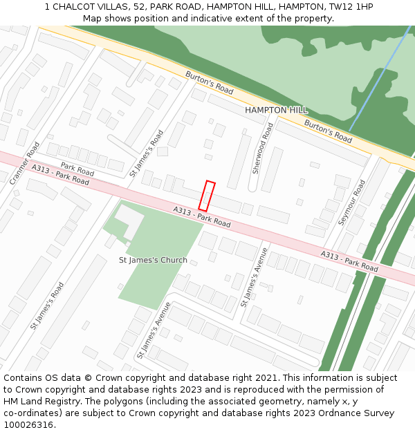 1 CHALCOT VILLAS, 52, PARK ROAD, HAMPTON HILL, HAMPTON, TW12 1HP: Location map and indicative extent of plot