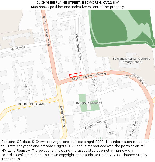 1, CHAMBERLAINE STREET, BEDWORTH, CV12 8JW: Location map and indicative extent of plot