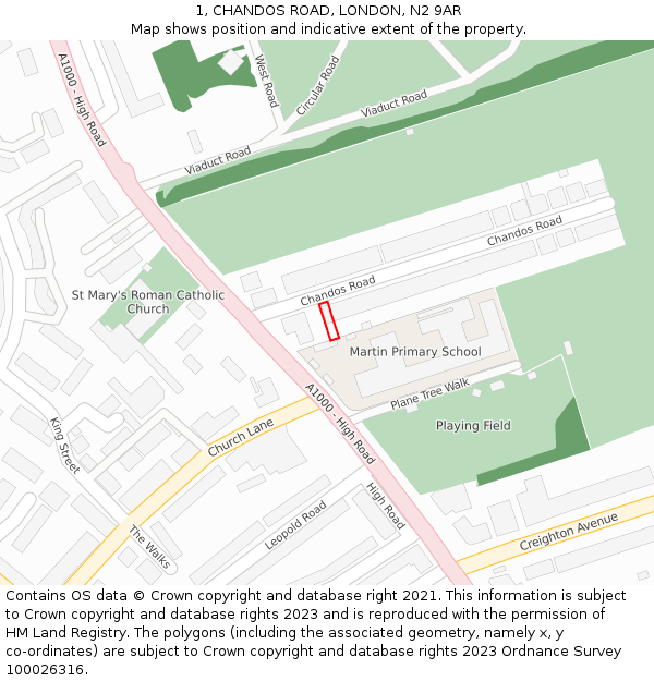 1, CHANDOS ROAD, LONDON, N2 9AR: Location map and indicative extent of plot