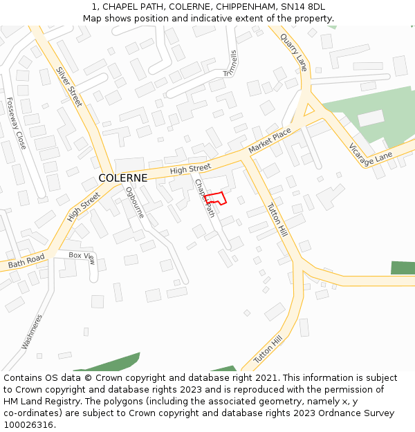 1, CHAPEL PATH, COLERNE, CHIPPENHAM, SN14 8DL: Location map and indicative extent of plot