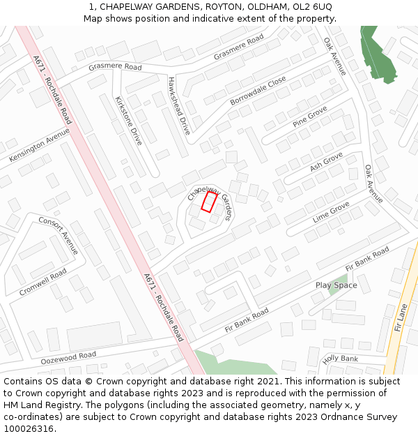 1, CHAPELWAY GARDENS, ROYTON, OLDHAM, OL2 6UQ: Location map and indicative extent of plot