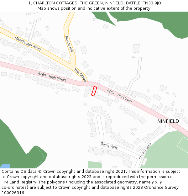 1, CHARLTON COTTAGES, THE GREEN, NINFIELD, BATTLE, TN33 9JQ: Location map and indicative extent of plot