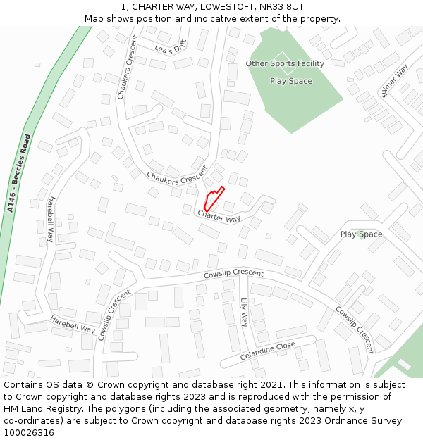 1, CHARTER WAY, LOWESTOFT, NR33 8UT: Location map and indicative extent of plot