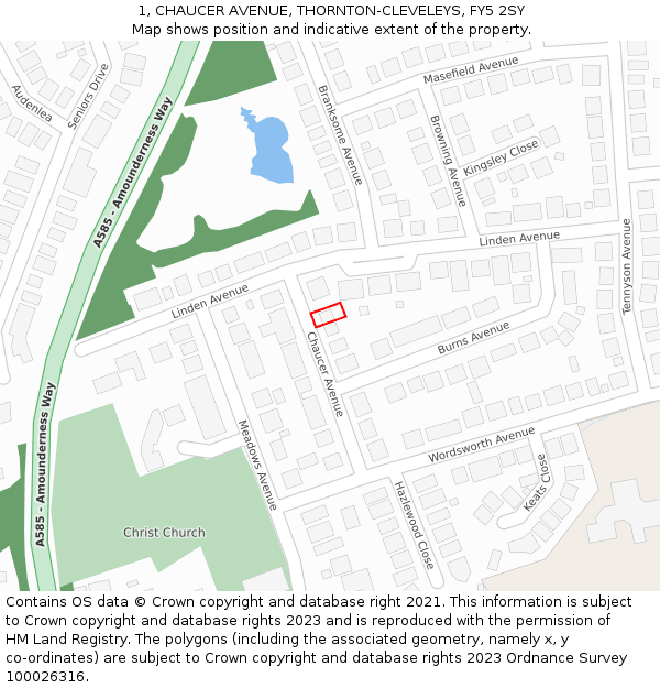 1, CHAUCER AVENUE, THORNTON-CLEVELEYS, FY5 2SY: Location map and indicative extent of plot