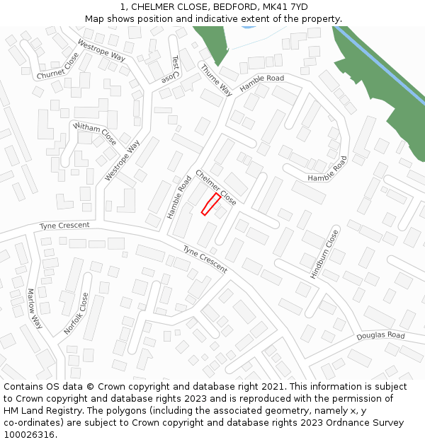 1, CHELMER CLOSE, BEDFORD, MK41 7YD: Location map and indicative extent of plot