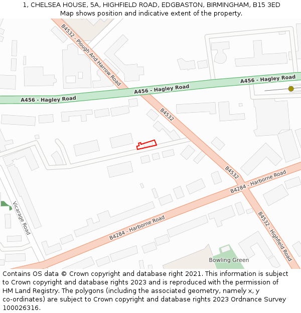 1, CHELSEA HOUSE, 5A, HIGHFIELD ROAD, EDGBASTON, BIRMINGHAM, B15 3ED: Location map and indicative extent of plot