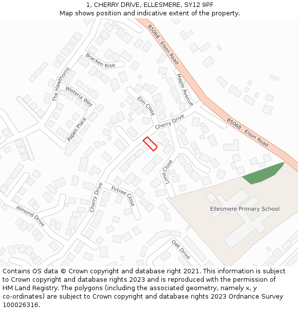 1, CHERRY DRIVE, ELLESMERE, SY12 9PF: Location map and indicative extent of plot