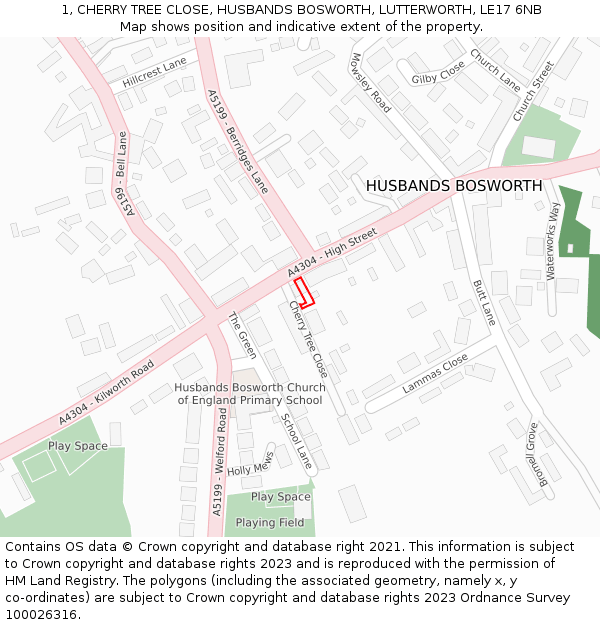 1, CHERRY TREE CLOSE, HUSBANDS BOSWORTH, LUTTERWORTH, LE17 6NB: Location map and indicative extent of plot