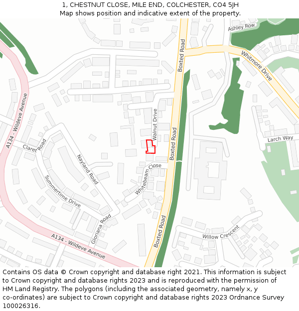 1, CHESTNUT CLOSE, MILE END, COLCHESTER, CO4 5JH: Location map and indicative extent of plot