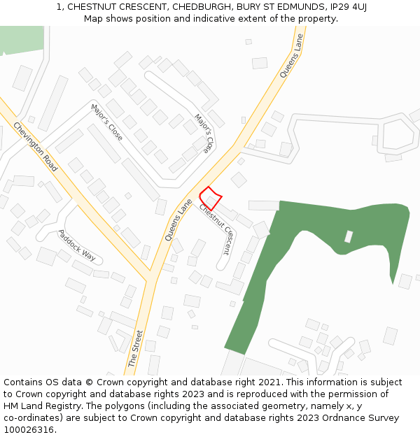 1, CHESTNUT CRESCENT, CHEDBURGH, BURY ST EDMUNDS, IP29 4UJ: Location map and indicative extent of plot