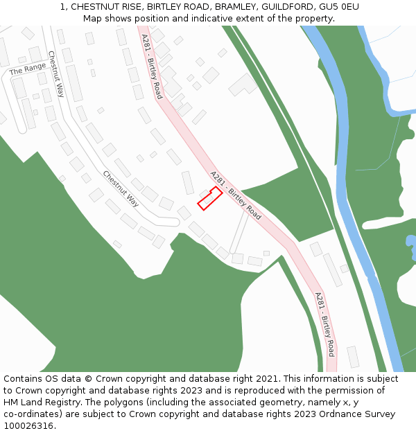 1, CHESTNUT RISE, BIRTLEY ROAD, BRAMLEY, GUILDFORD, GU5 0EU: Location map and indicative extent of plot