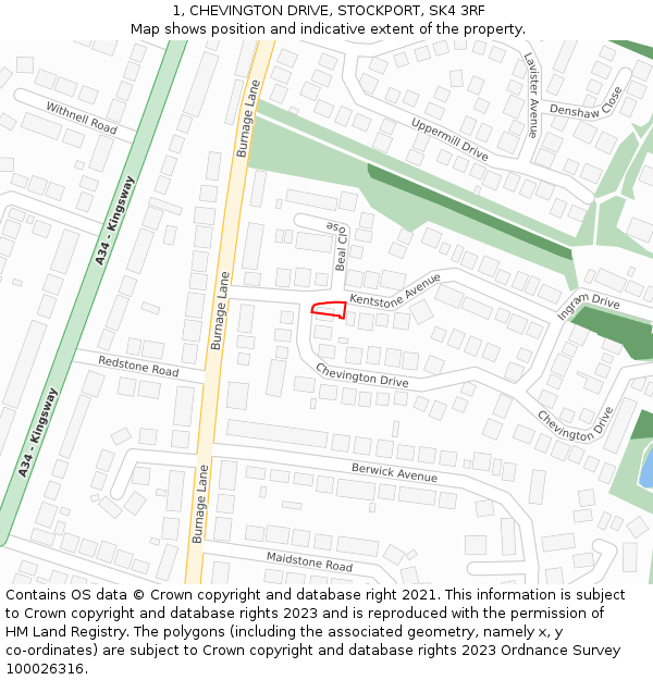 1, CHEVINGTON DRIVE, STOCKPORT, SK4 3RF: Location map and indicative extent of plot