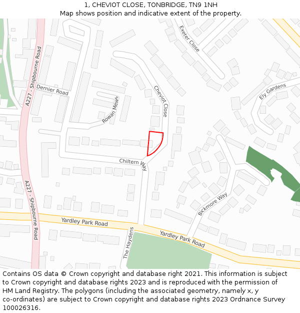1, CHEVIOT CLOSE, TONBRIDGE, TN9 1NH: Location map and indicative extent of plot