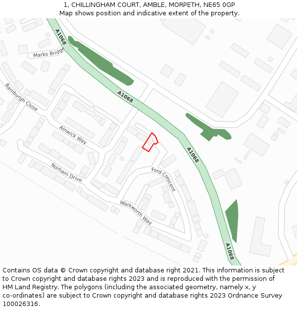 1, CHILLINGHAM COURT, AMBLE, MORPETH, NE65 0GP: Location map and indicative extent of plot