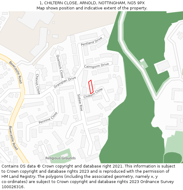 1, CHILTERN CLOSE, ARNOLD, NOTTINGHAM, NG5 9PX: Location map and indicative extent of plot